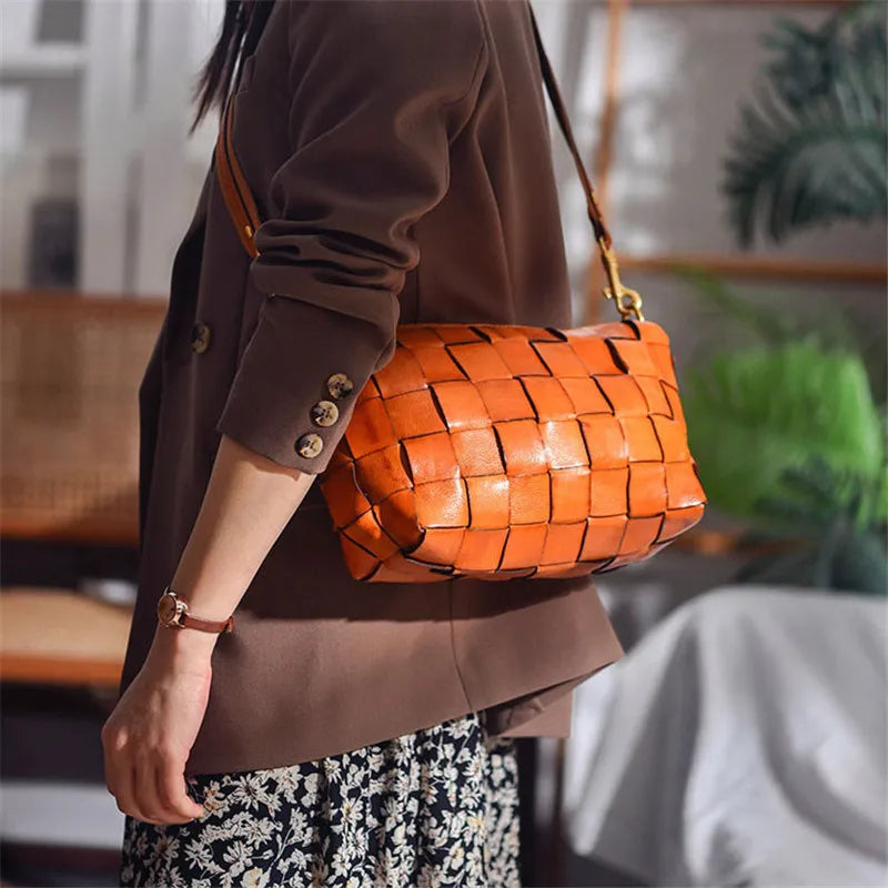 PNDME designer luxury genuine leather woven women's crossbody bag outdoor casual high quality real cowhide female shoulder bag