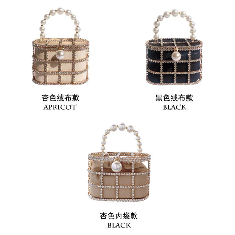 Diamonds Basket Evening Clutch Bags Women Luxury Hollow Out Pearl Beaded Metallic Cage Handbags Ladies Wedding Party Purse