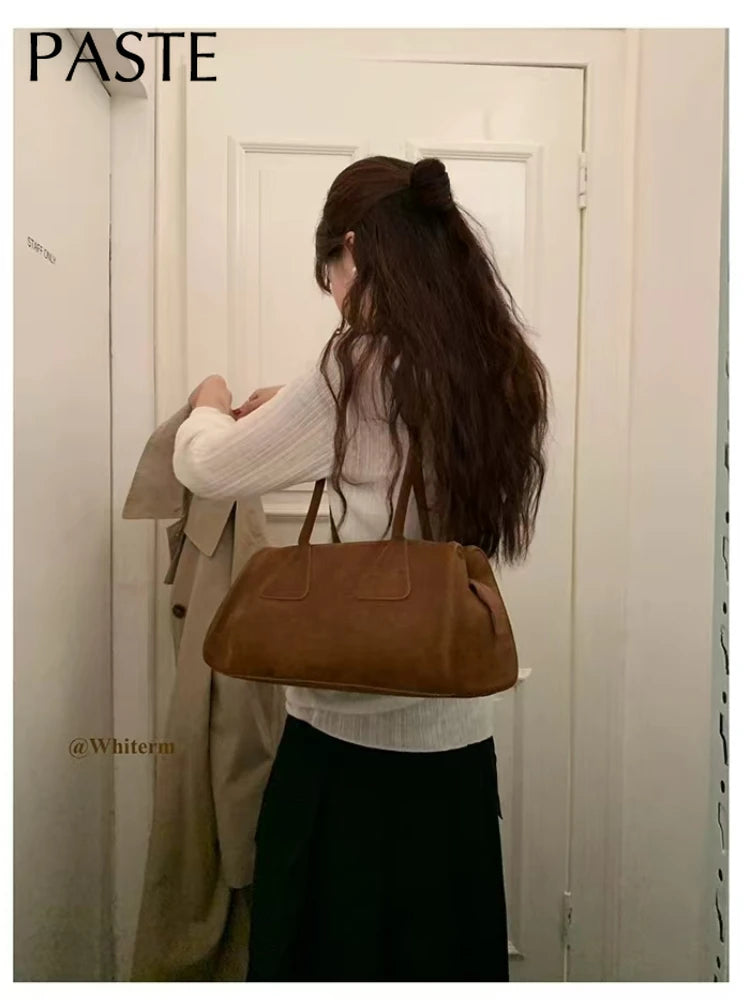 New Ins Chic Niche Stylish Pillow Bowling Tote Large Real Suede Cow Leather Women Shoulder Bag Long Handle Winter Handbag