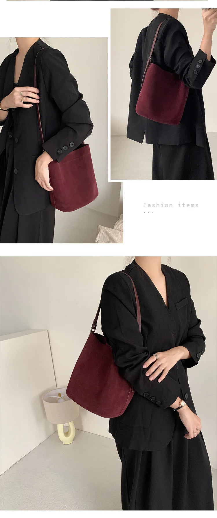 Maillard Design Simple Luxury Coffee Wine Red Bucket Tote Winter Thick Matte Suede Cow Leather Women Crossbodby Shoulder Bag