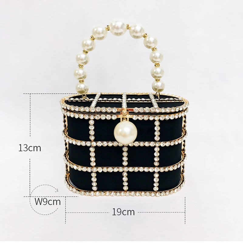 Diamonds Basket Evening Clutch Bags Women Luxury Hollow Out Pearl Beaded Metallic Cage Handbags Ladies Wedding Party Purse