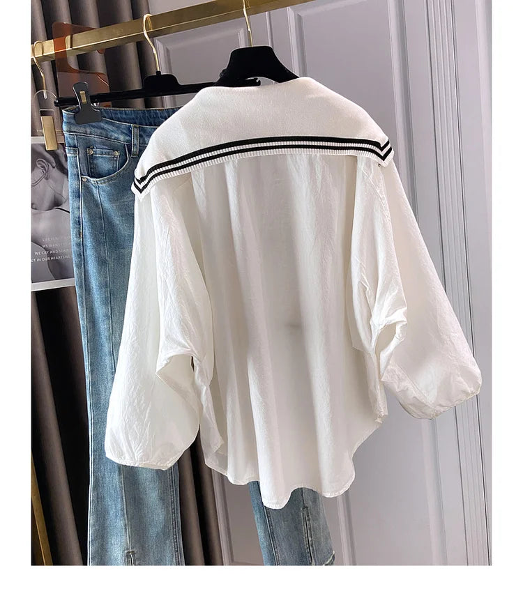 Spring 2024 Summer Preppy Style Women's Shirts Loose Plus Size Sailor Collar Lady White Color Tops Long Sleeve Female Blouse K96