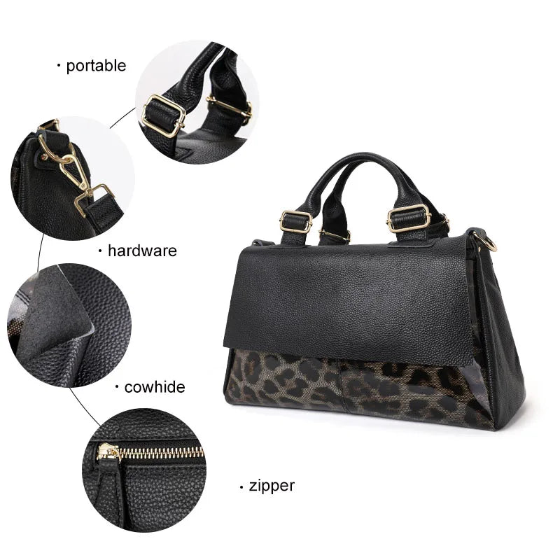 The fashionable leopard print women's handbag is made of high-quality cowhide and is a large and beautiful bag