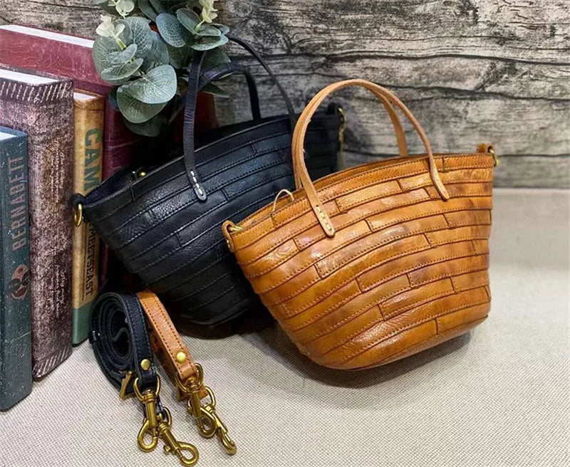 Vintage handmade high quality genuine leather woven women's handbag organizer designer luxury real cowhide female shoulder bag