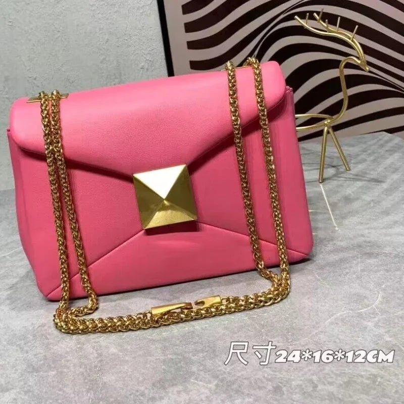 Women's Luxury Designer Handbag Top Quality Genuine Leather Large Rivet Crossbody Shoulder Bag Fashion Chain Square Bag Female