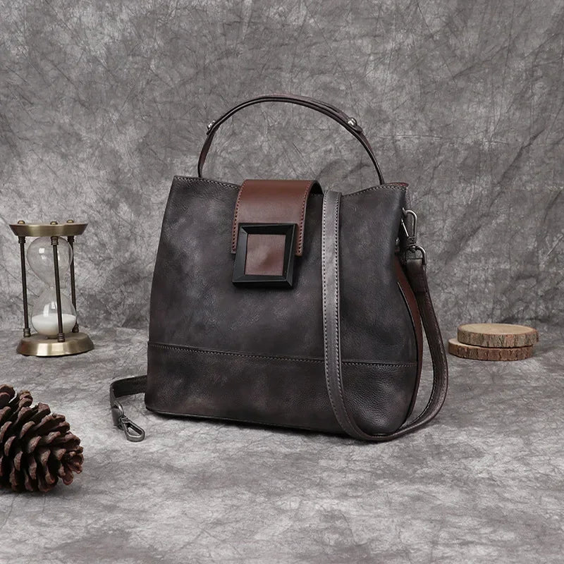 GAGACIA Handmade Green Women's Handbag Retro Genuine Leather Bucket Bag Woman Shoulder Bags Cowhide Luxury Women Brand Handbags