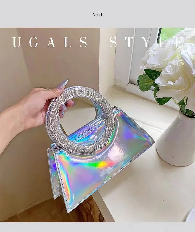 Rainbow Color Square Bag Glitter Shiny Diamond Circular Ring Women Handbag Luxury Fashion Evening Bag Wedding Party Clutch Purse