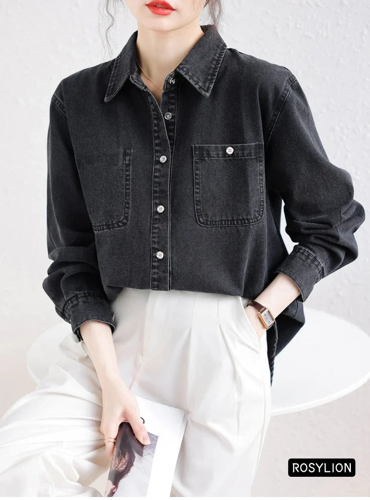 Ladies Black Denim Shirt Women Casual Sun Protection Loose Thin Long-sleeved Cotton Shirt Coat Button Up Top Top Streetwear S-XL