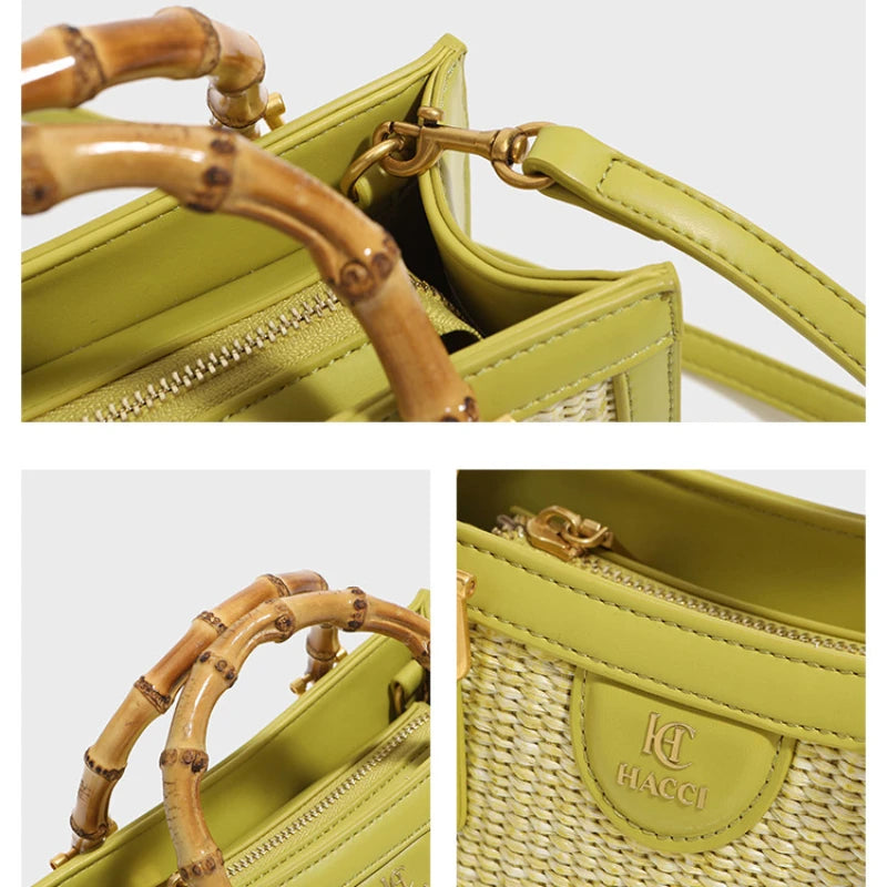 Fashion Women's Handbags Straw Woven Bamboo handle Genuine Leather Luxury Ladies Crossbody Shoulder Bags 2024 Trendy Small Purse