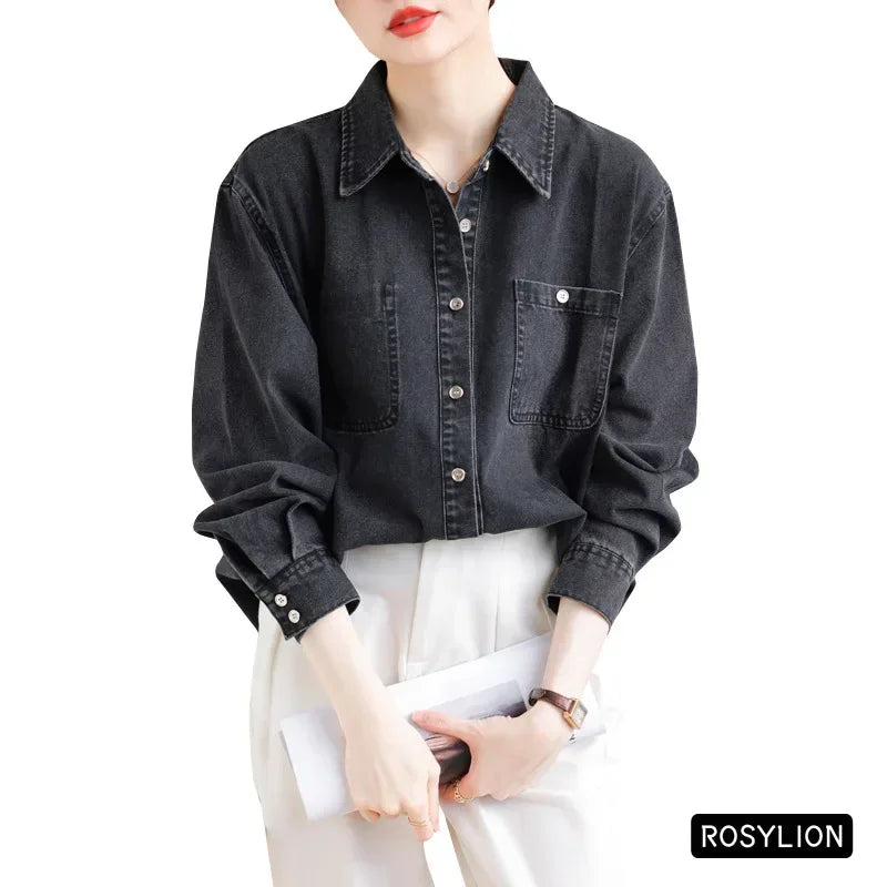 Ladies Black Denim Shirt Women Casual Sun Protection Loose Thin Long-sleeved Cotton Shirt Coat Button Up Top Top Streetwear S-XL