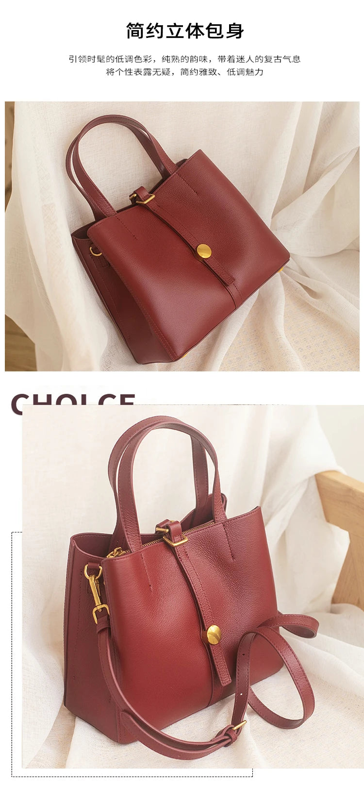 Elegant Wearing Burgundy Color Multi-compartments Tote Natural Cow Leather Women Shoulder Bag Soft Cowskin Female Handbag