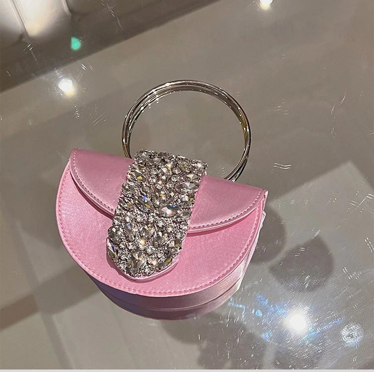 Women Glittering Crystal Satin Handbags Designer Luxury Diamond Pink Evening Diamonds Ring Clutch Purses Wedding Party Trendy