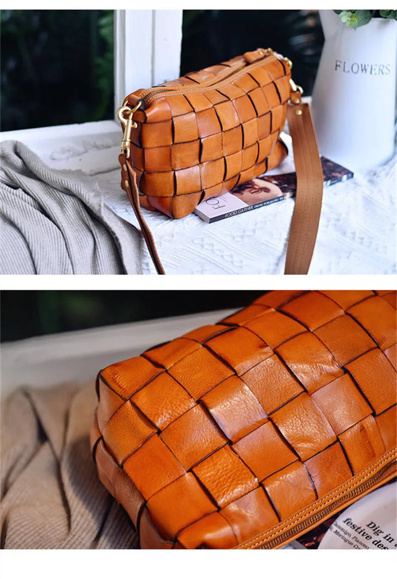 PNDME designer luxury genuine leather woven women's crossbody bag outdoor casual high quality real cowhide female shoulder bag