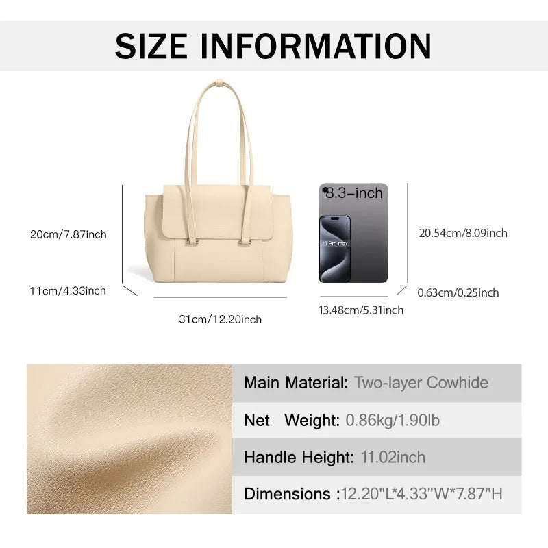 ITAMOOD Women Tote Bag Large Capacity Fashion Two Layer Cowhide Handbag Premium Feel Armpit Bag Mica White for 13 Inches Laptop