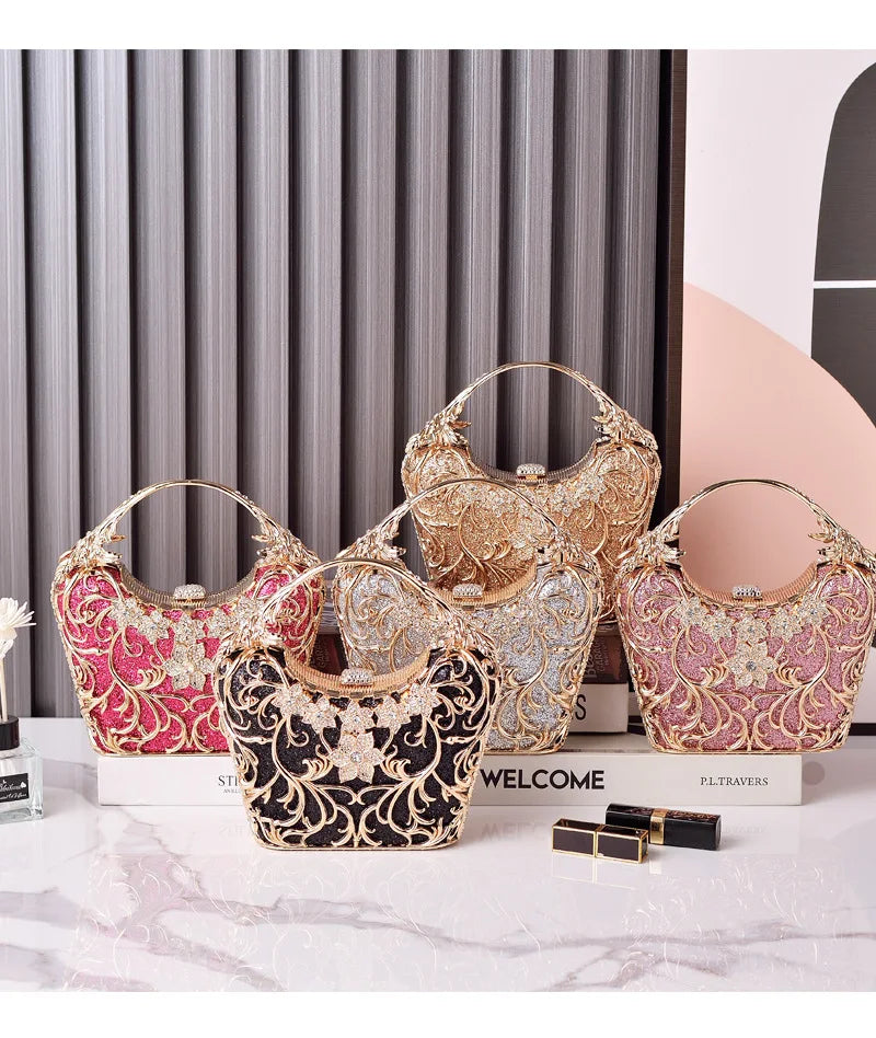 Hollow Out Metal Evening Bags Fashion Shiny Party Banquet Handbags Female Luxury Clutch Purse Bolso Mujer Chain Shoulder Bag