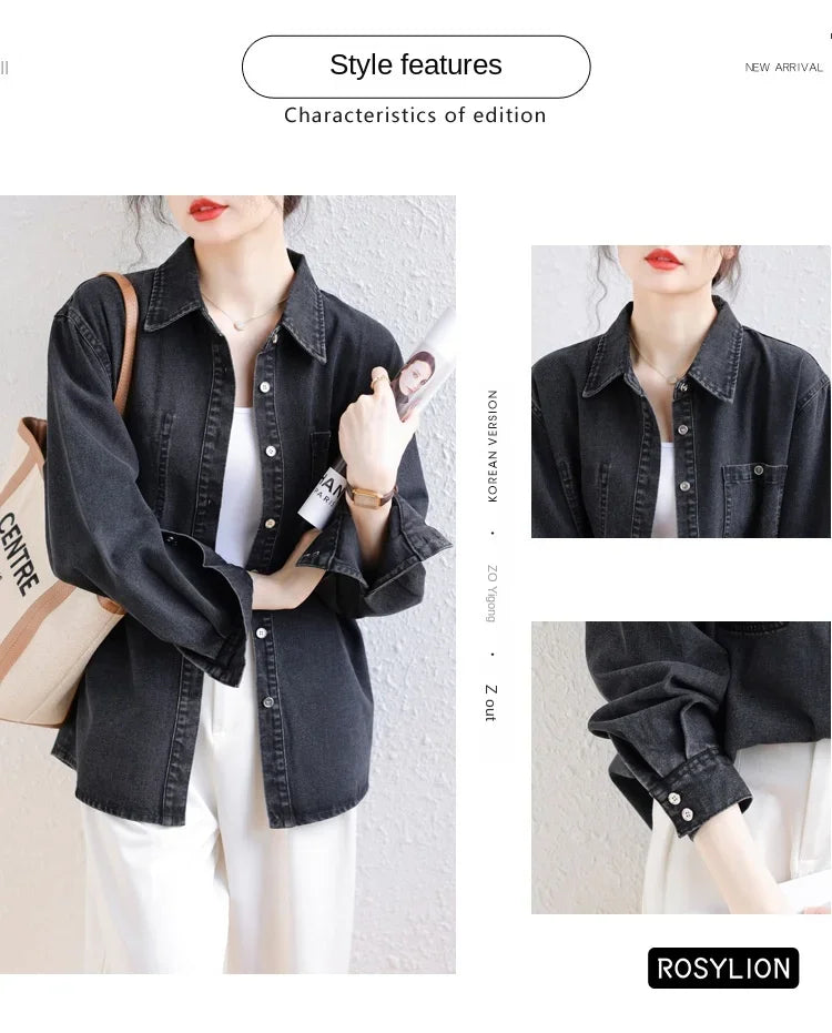 Ladies Black Denim Shirt Women Casual Sun Protection Loose Thin Long-sleeved Cotton Shirt Coat Button Up Top Top Streetwear S-XL