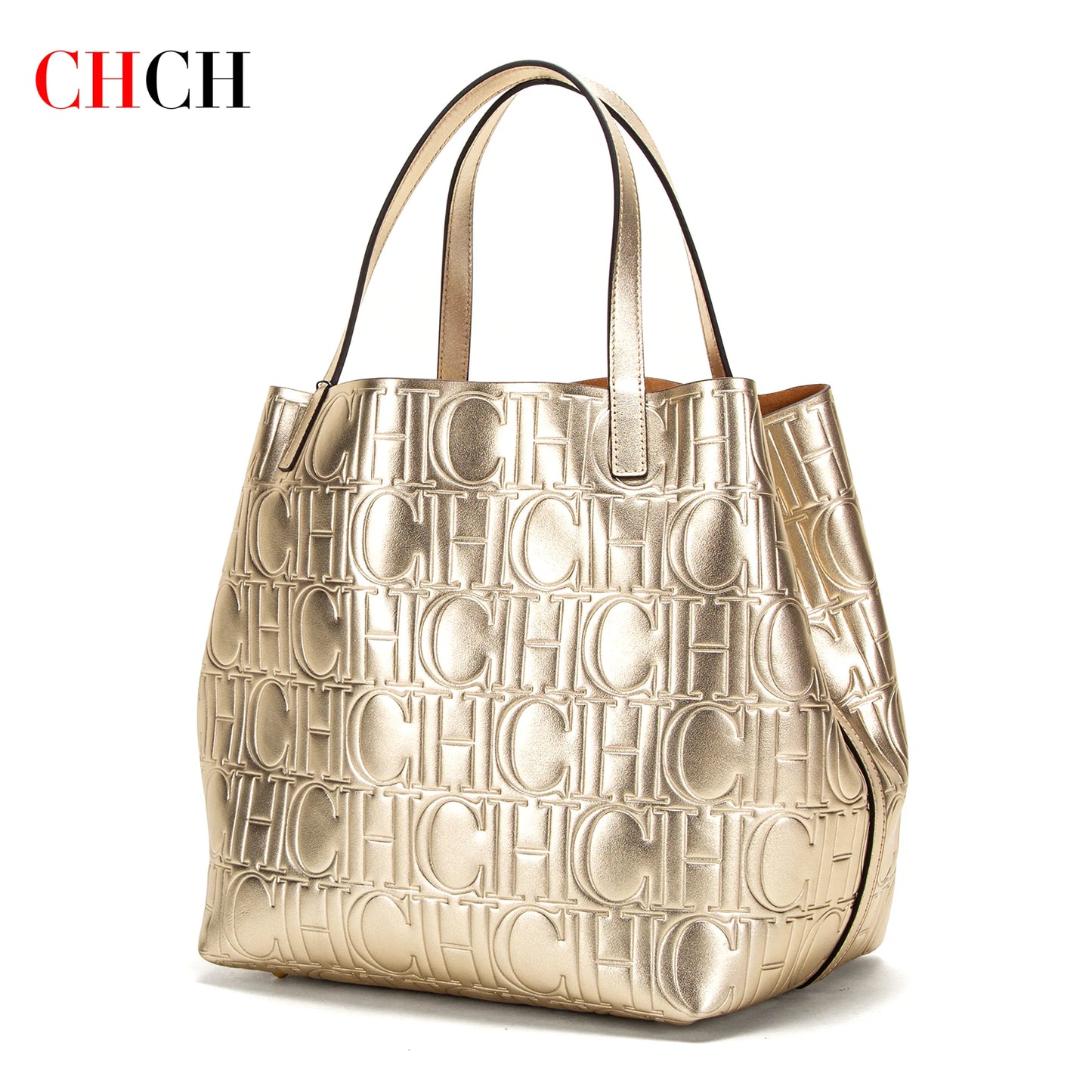 CHCH Women's Handbag Brand Classic Cow Leather Steel Stamped Large Capacity Tote Bag Business Commuter Shopping Bag