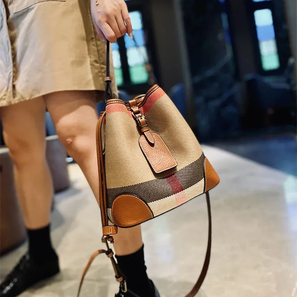 Luxury Plaid Canvas Leather Women‘S Bag Fashion Large Capacity Business Lady Bucket Shoulder Bag Female Drawstring Handbag