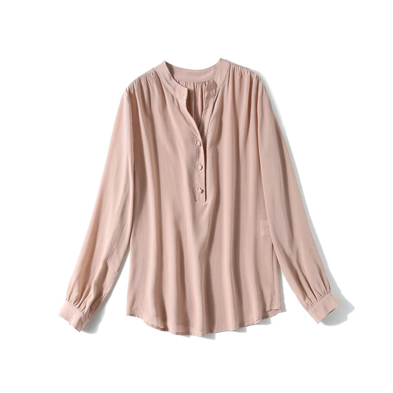 100% Silk Blouse Women Shirt Solid V Neck Long Sleeve  Casual Simple Top Elegant Style New Fashion