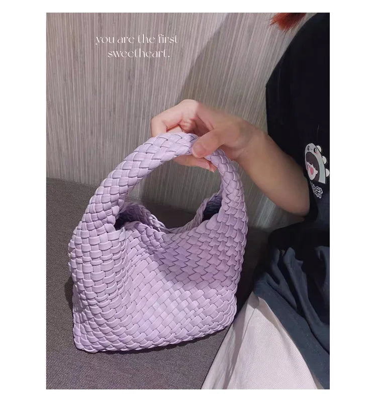 2023 Summer Leather Woven Tote Bag Brand Design Women Handbags Luxury Soft Pu Leather Tote Bag Pink Green Shopper Purses