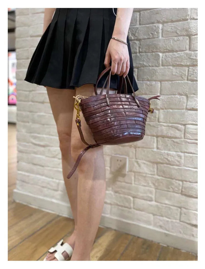 Vintage handmade high quality genuine leather woven women's handbag organizer designer luxury real cowhide female shoulder bag