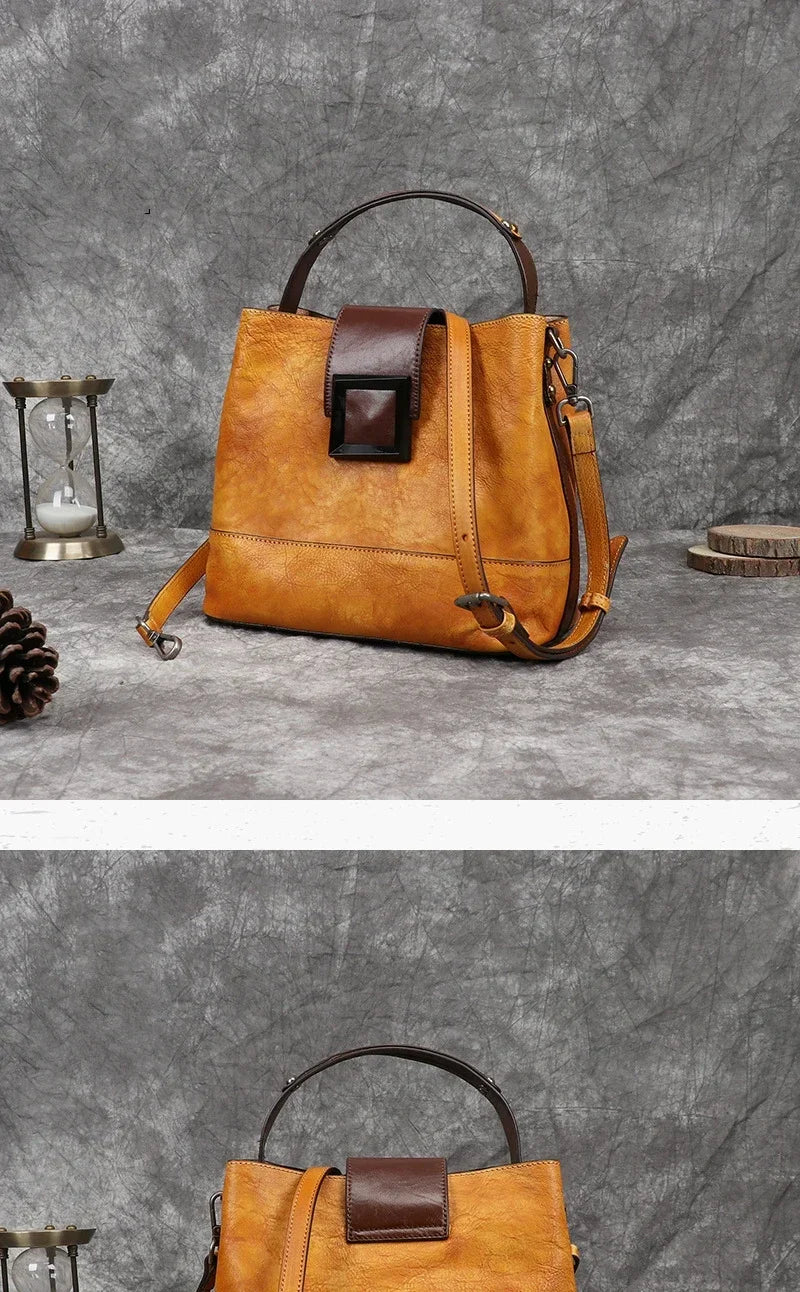 GAGACIA Handmade Green Women's Handbag Retro Genuine Leather Bucket Bag Woman Shoulder Bags Cowhide Luxury Women Brand Handbags