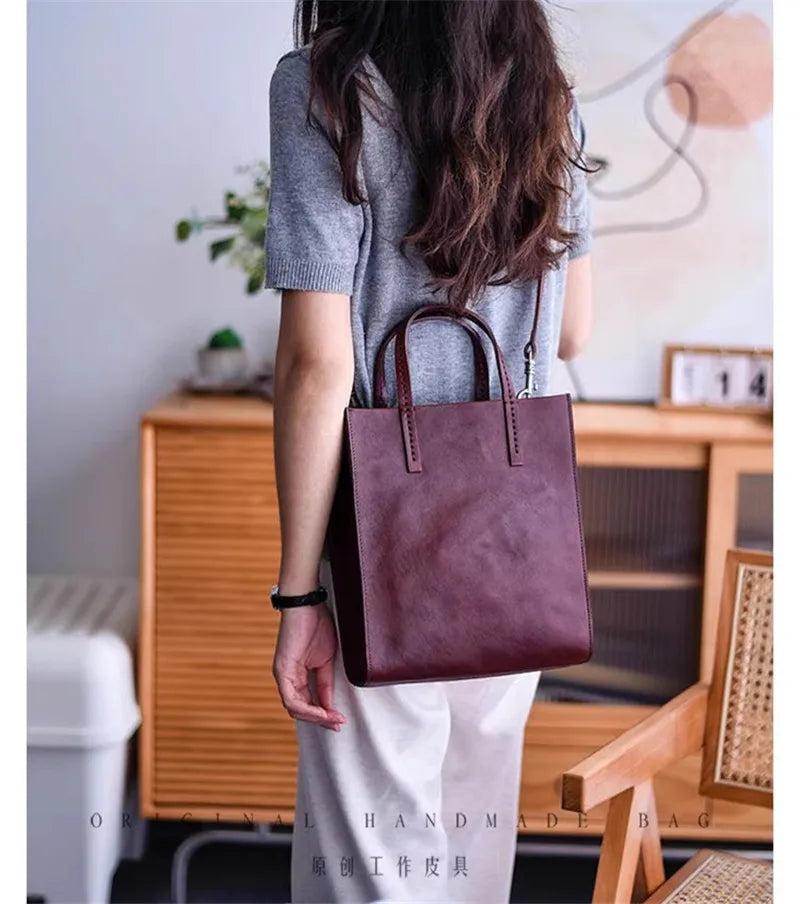 PNDME simple vintage luxury genuine leather women's tote bag casual designer handmade natural real cow leather ladies handbag