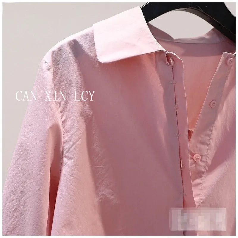 Design Pleated Lace up Long Sleeve Pink Cotton Shirt Women Spring Summer Korean Loose Solid Blouse Chic Elegant Casual Pink Top