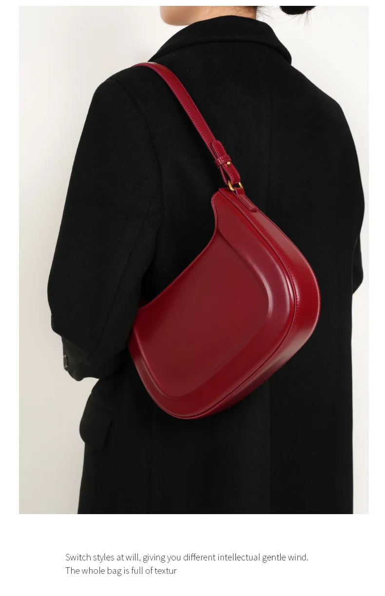 Genuine leather red shoulder bag woman minimalist crossbody bag cowhide handbags female luxury bag armpit bag saddle bag