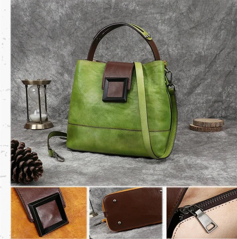 GAGACIA Handmade Green Women's Handbag Retro Genuine Leather Bucket Bag Woman Shoulder Bags Cowhide Luxury Women Brand Handbags