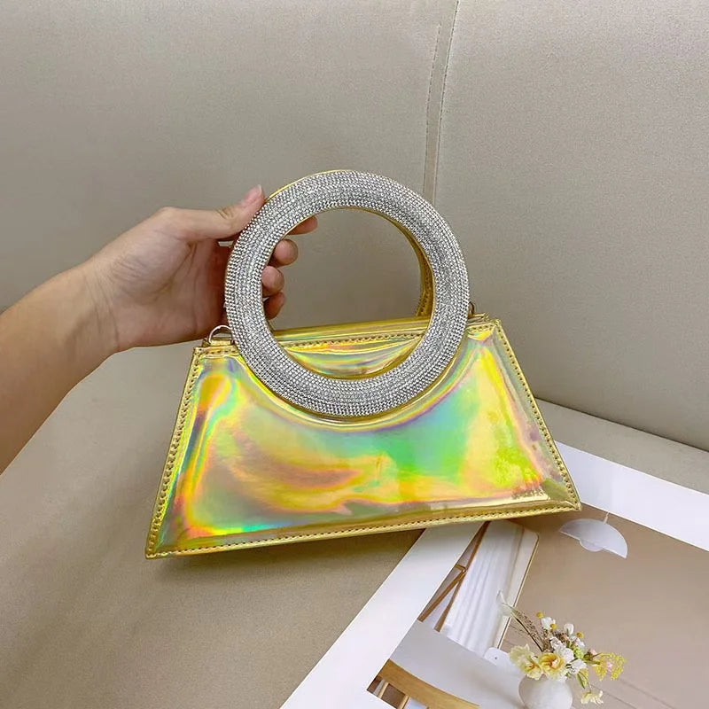 Rainbow Color Square Bag Glitter Shiny Diamond Circular Ring Women Handbag Luxury Fashion Evening Bag Wedding Party Clutch Purse