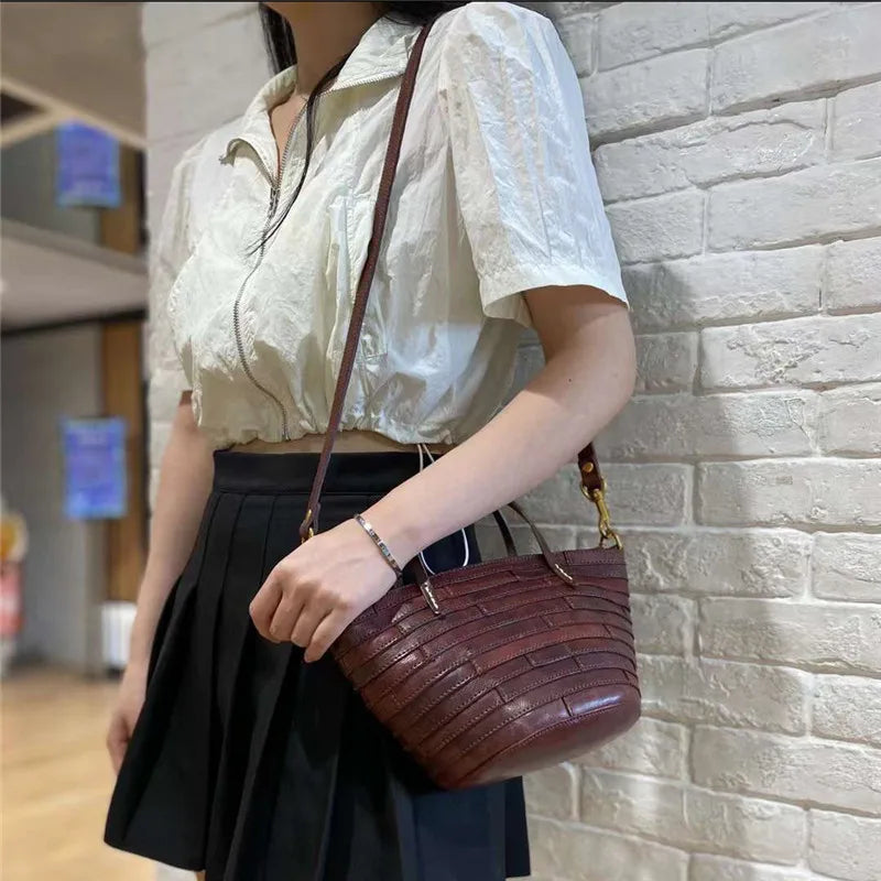 Vintage handmade high quality genuine leather woven women's handbag organizer designer luxury real cowhide female shoulder bag