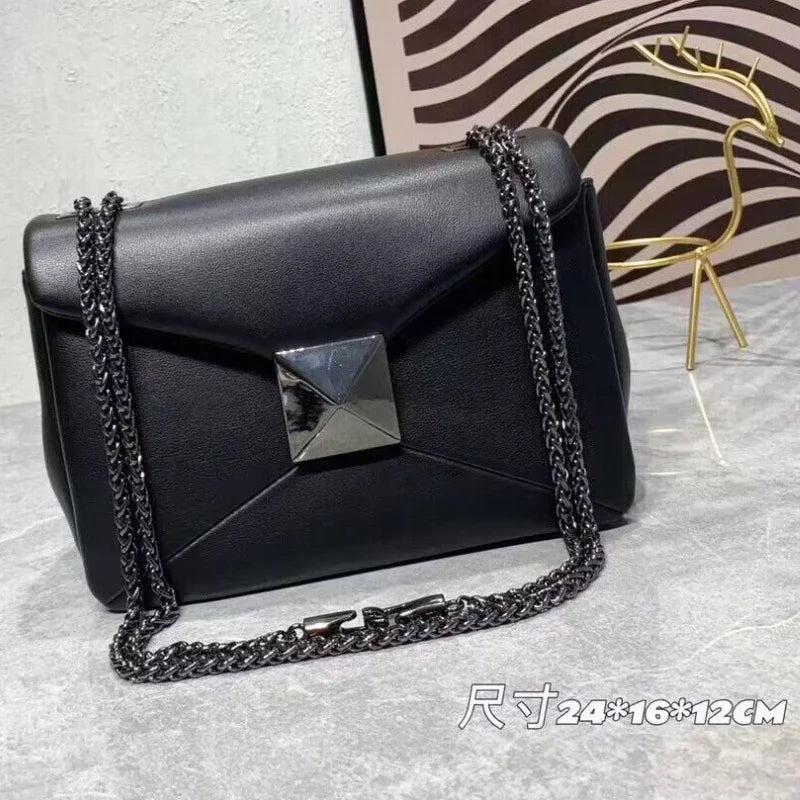 Women's Luxury Designer Handbag Top Quality Genuine Leather Large Rivet Crossbody Shoulder Bag Fashion Chain Square Bag Female