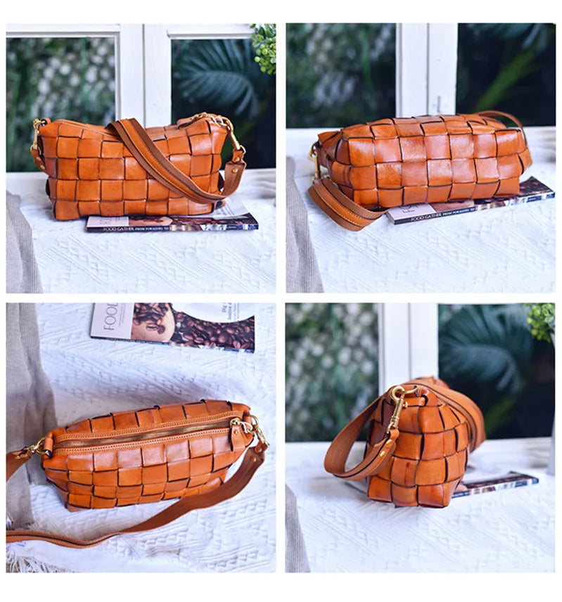 PNDME designer luxury genuine leather woven women's crossbody bag outdoor casual high quality real cowhide female shoulder bag