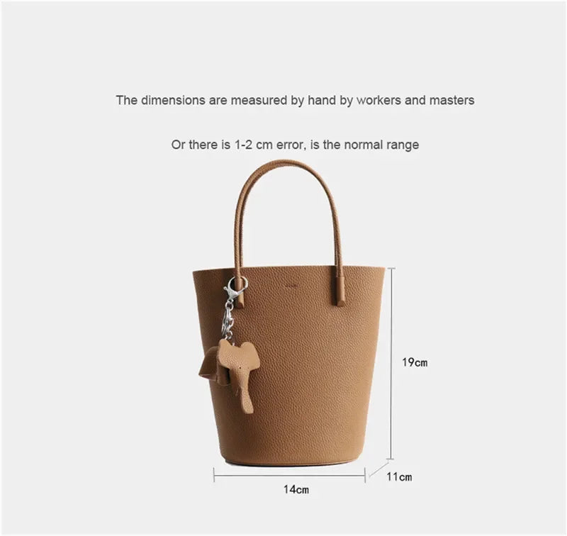 2024 Most Popular Togo Cowhide Leather Bucket Bag Small Neat All-match Elegant Women Shoulder Bag with Elephant Ornaments