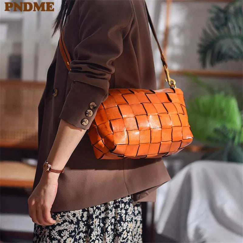 PNDME designer luxury genuine leather woven women's crossbody bag outdoor casual high quality real cowhide female shoulder bag