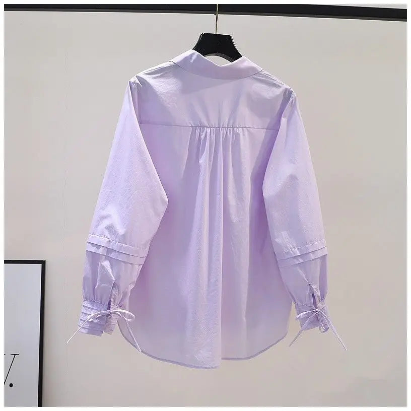 Design Pleated Lace up Long Sleeve Pink Cotton Shirt Women Spring Summer Korean Loose Solid Blouse Chic Elegant Casual Pink Top