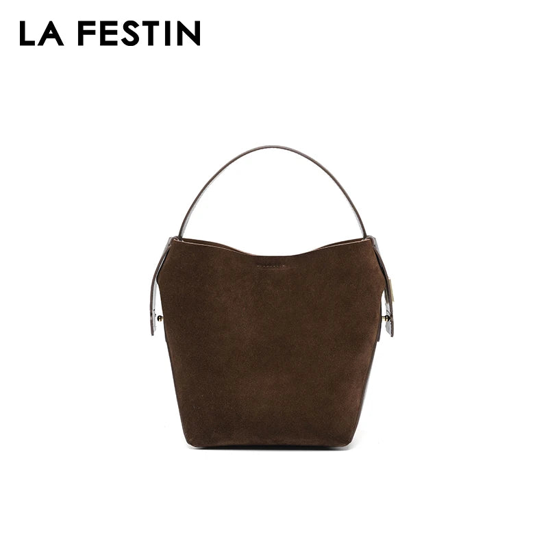 LA FESTIN Original 2024 New Handbags Women Suede Leather Bag Luxury Brand Bucket Bag Fashion Shoulder Bag Crossboby Bag