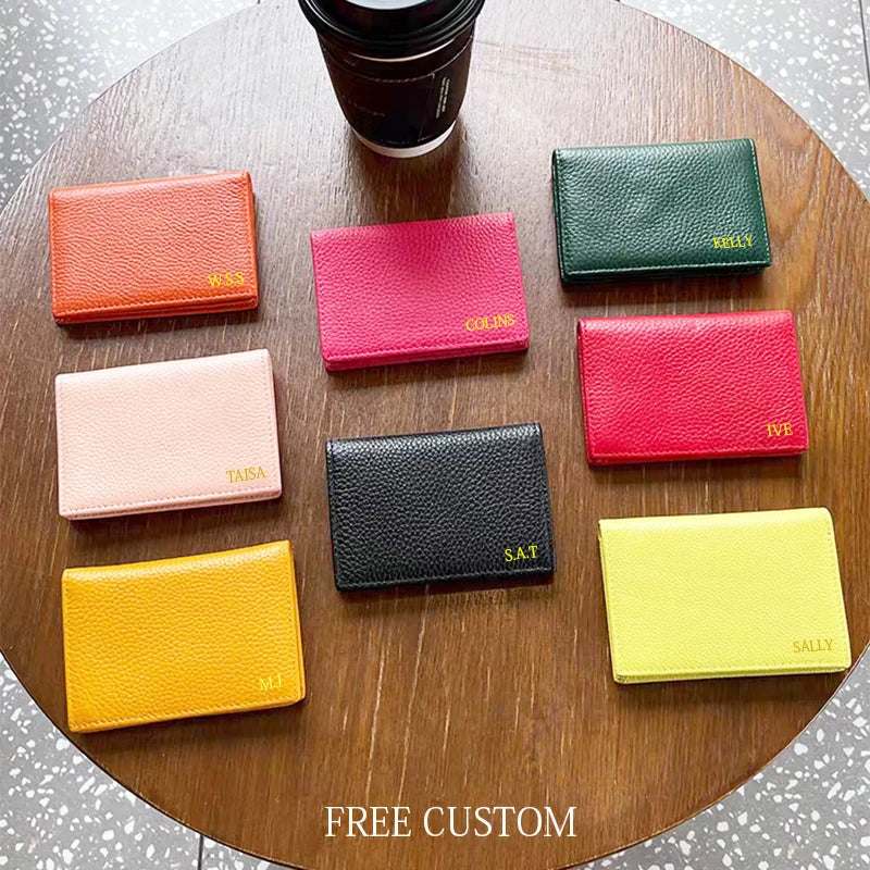 Custom Initials Business Card Holder Genuine Leather Folding Wallet ID Card Bag Woman Fashion Luxury Card Case Christmas Gift