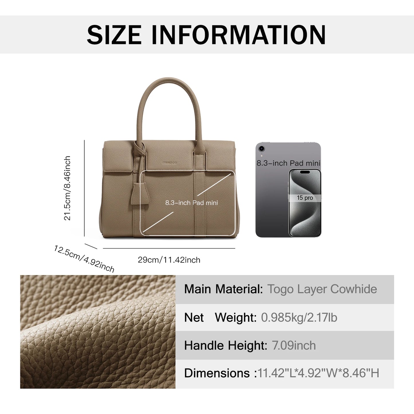 ITAMOOD Women Handbag New High-end Cowhide Tote Bag Leather White-collar Togo Top Layer Large Capacity Handbag for Cosmetic