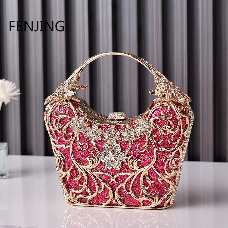 Hollow Out Metal Evening Bags Fashion Shiny Party Banquet Handbags Female Luxury Clutch Purse Bolso Mujer Chain Shoulder Bag