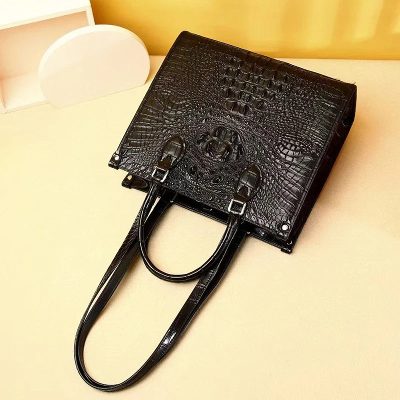 Real leather women's bag fashion luxury designer handbags famous brands cowhide crocodile pattern women's handbag black