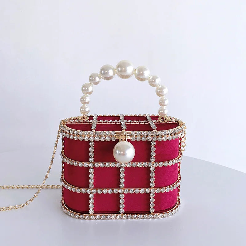 Diamonds Basket Evening Clutch Bags Women Luxury Hollow Out Pearl Beaded Metallic Cage Handbags Ladies Wedding Party Purse