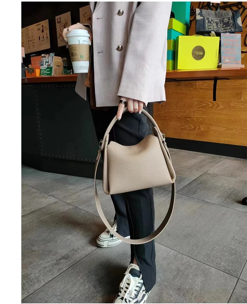 Elegant 100% Natural Togo Cowhide Leather Tote Wide Straps Female Shoulder Bag Grey Black Doctor Bag Luxury Girl Handbag