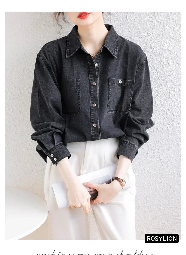 Ladies Black Denim Shirt Women Casual Sun Protection Loose Thin Long-sleeved Cotton Shirt Coat Button Up Top Top Streetwear S-XL