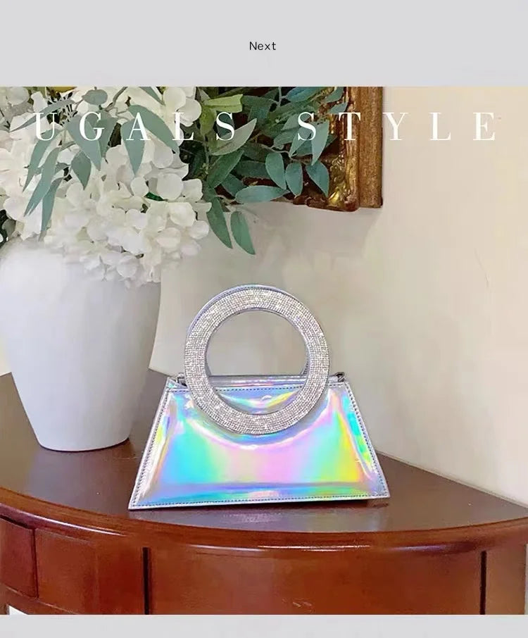 Rainbow Color Square Bag Glitter Shiny Diamond Circular Ring Women Handbag Luxury Fashion Evening Bag Wedding Party Clutch Purse