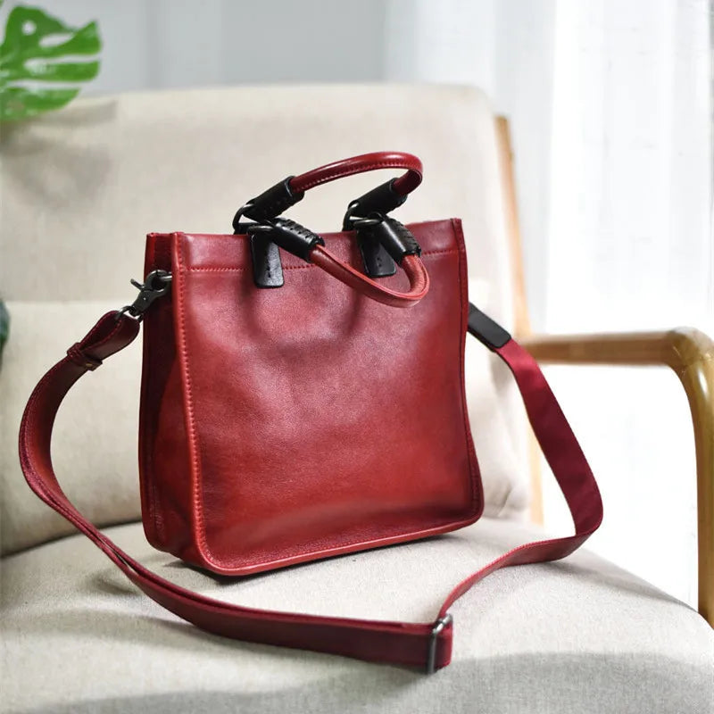 Vintage literary luxury natural genuine leather women's red handbag simple ladies weekend daily party real cowhide shoulder bag