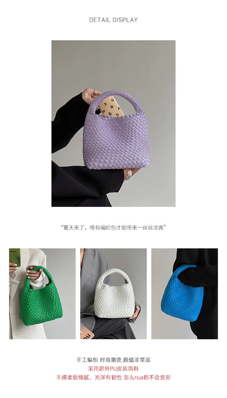 2023 Summer Leather Woven Tote Bag Brand Design Women Handbags Luxury Soft Pu Leather Tote Bag Pink Green Shopper Purses