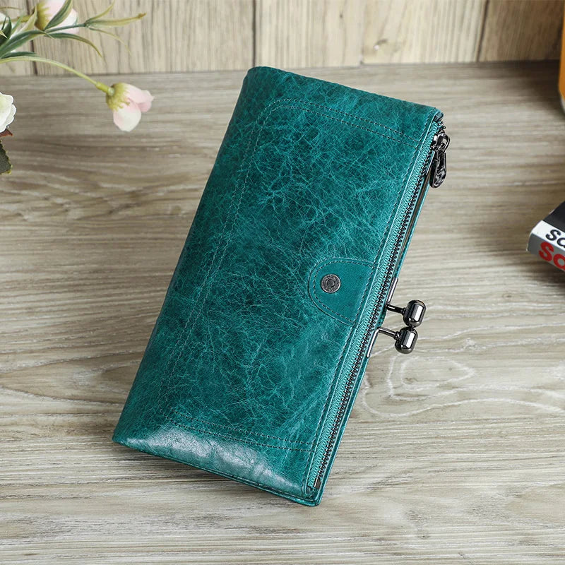 CONTACT'S Genuine Leather Women Wallet Metal Frame RFID Card Holder Coin Purses Female Bag Luxury Designer Women's Purses