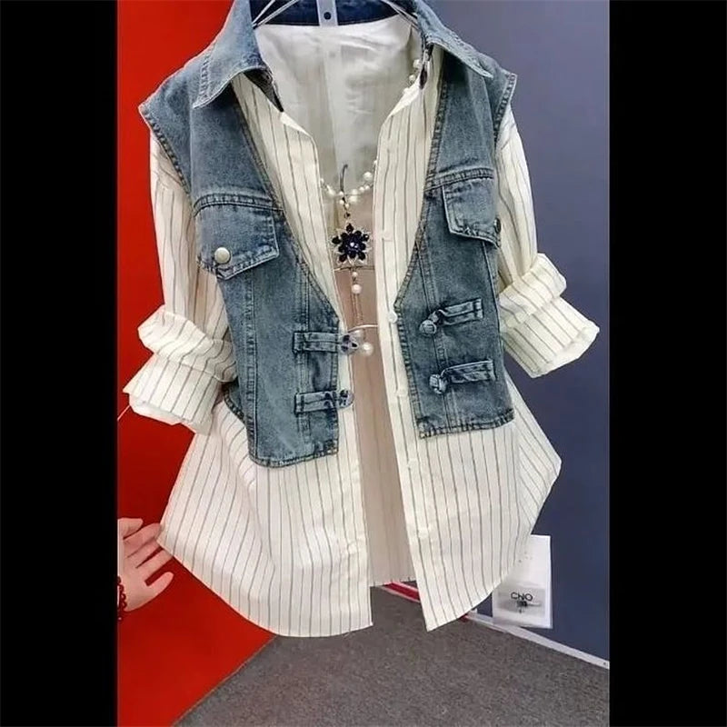 Spring Summer New Fashion Striped Fake Two Denim Shirts Women's Design Sense Stitching Women Jackets Temperament Denim Coat Top